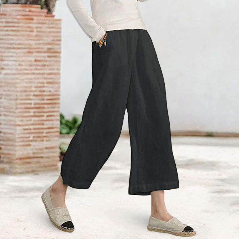 Solid Color Cotton and Linen Loose Wide-leg Cropped Pants