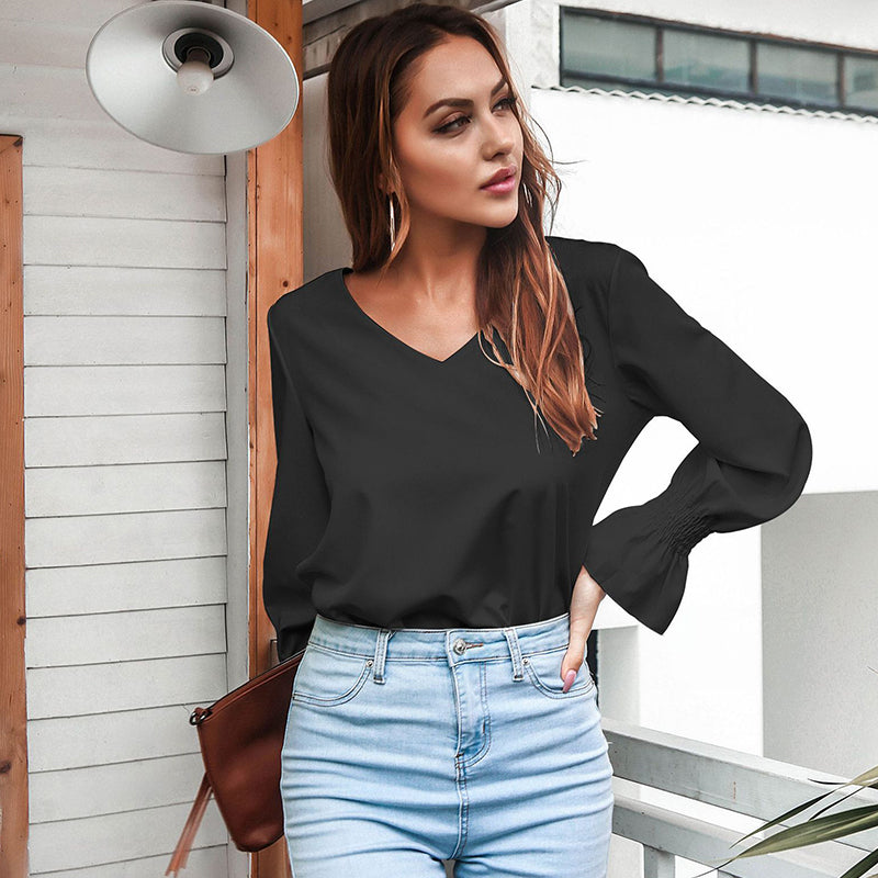 V-neck Open-back Flared-sleeve Shirt