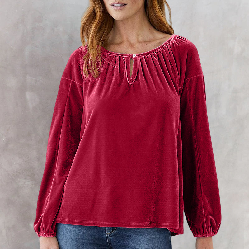 Crewneck Pullover Smocked Balloon Sleeve Velvet Top
