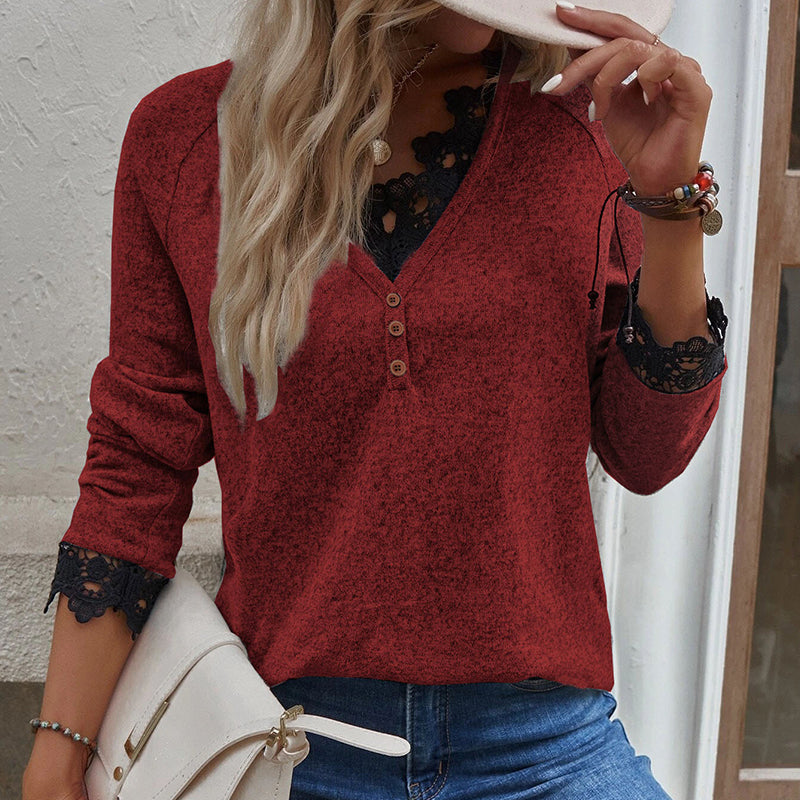 V Neck Lace Knit T-Shirt