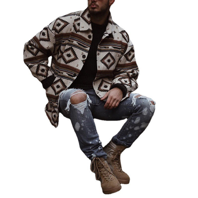 Printed Geometric Lapel Button-Up Jacket