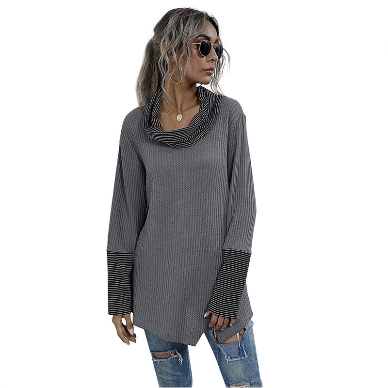 Ladies autumn and winter pile collar striped stitching bottoming shirt