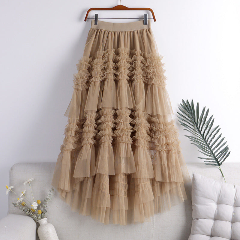 Beautiful Khaki asymmetrical design Tulle Tiered Fall Skirt