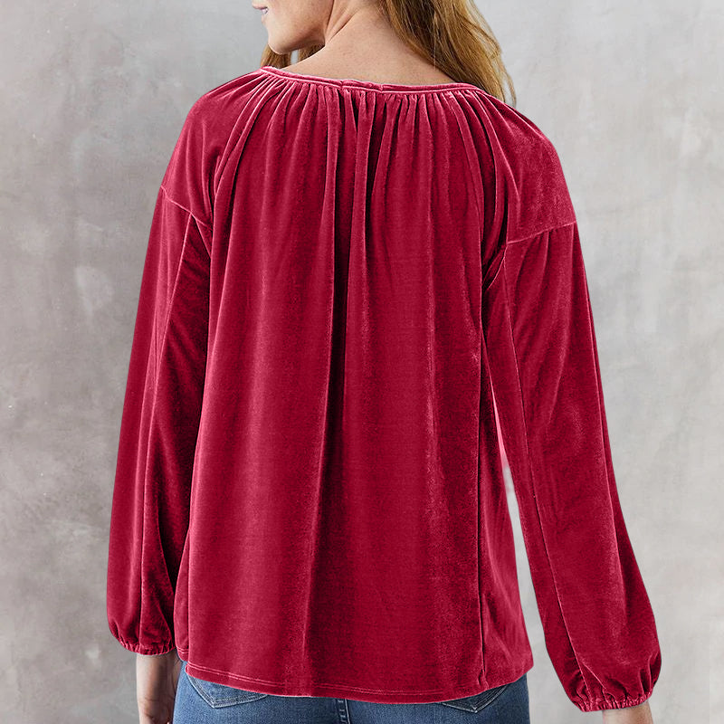 Crewneck Pullover Smocked Balloon Sleeve Velvet Top