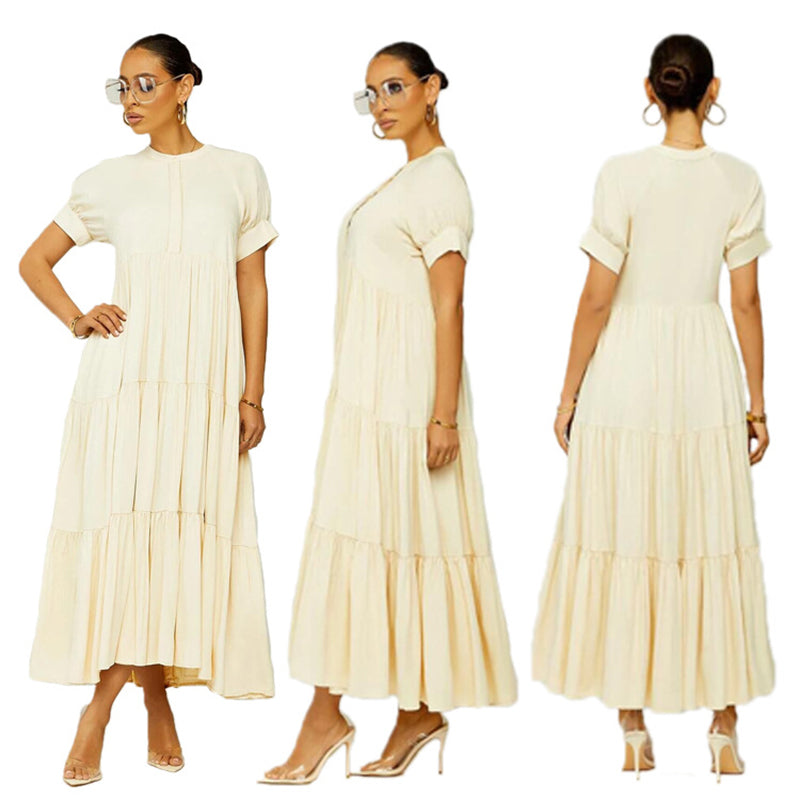 Button Solid Color Ruffled Plus Size Dress