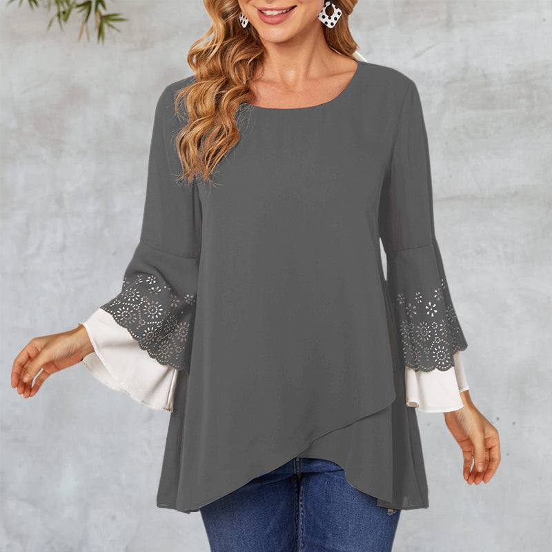 Women's Round Neck Contrast Color Nine-point Sleeve Shirt