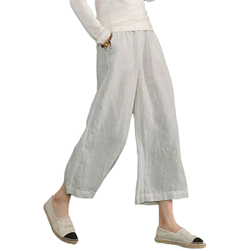 Solid Color Cotton and Linen Loose Wide-leg Cropped Pants