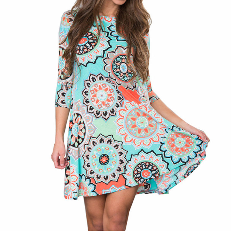 Sunflower Print Crew Neck Fashion Dress