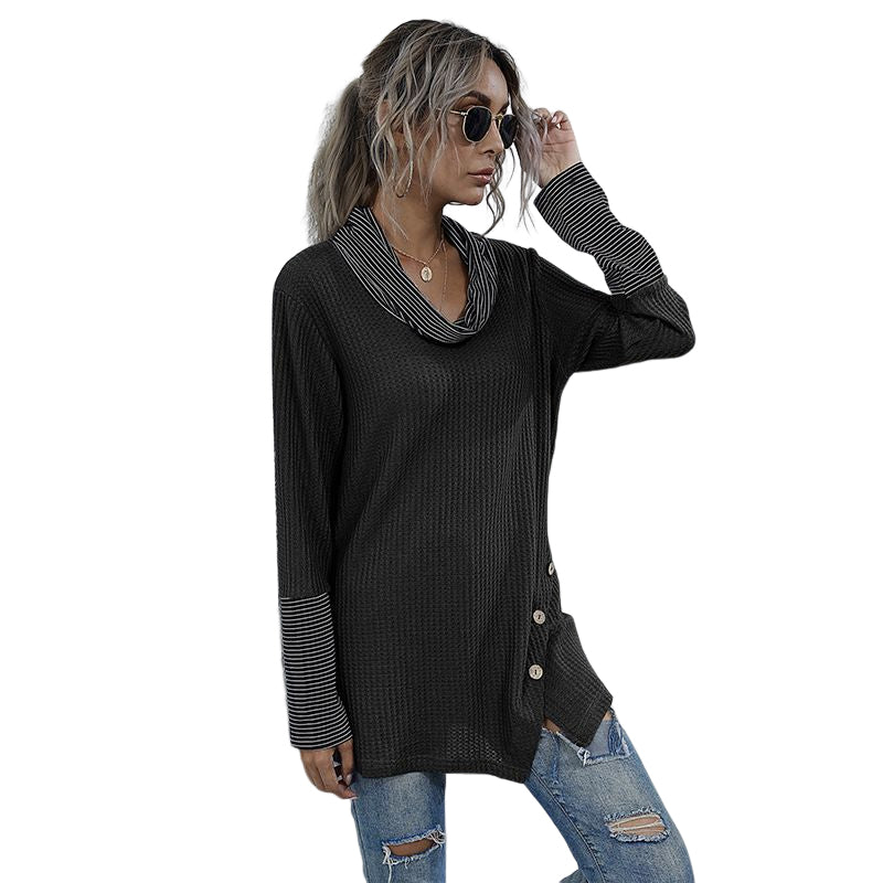 Ladies autumn and winter pile collar striped stitching bottoming shirt