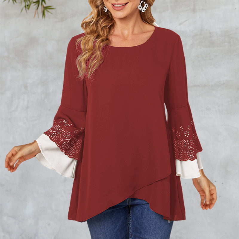 Women's Round Neck Contrast Color Nine-point Sleeve Shirt