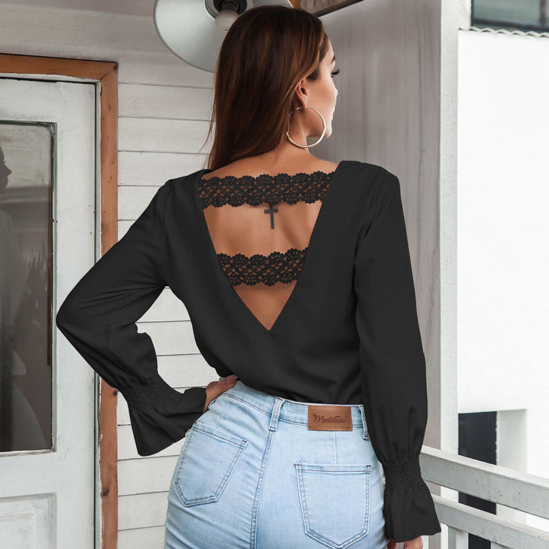 V-neck Open-back Flared-sleeve Shirt