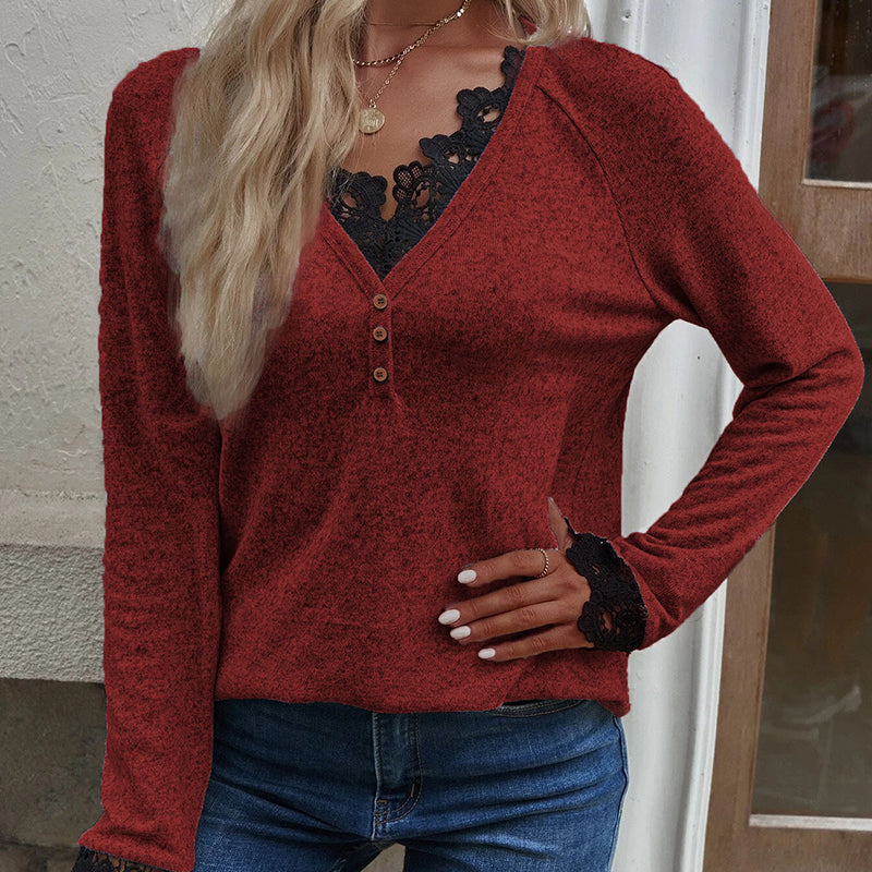 V Neck Lace Knit T-Shirt