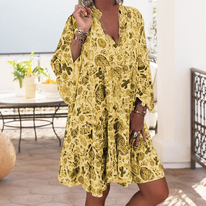 V-Neck Button-Up Ruffle Dress