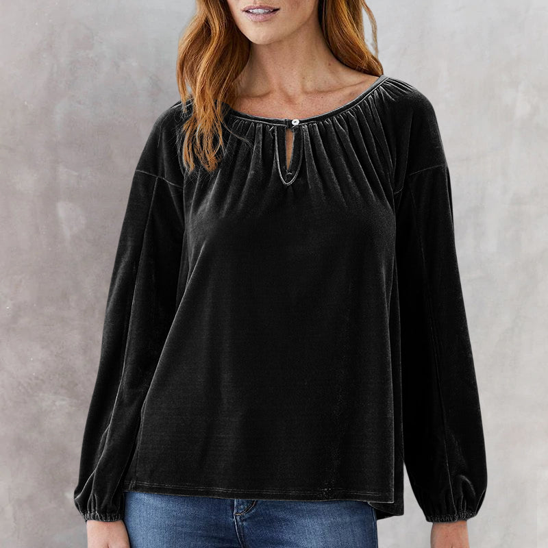 Crewneck Pullover Smocked Balloon Sleeve Velvet Top