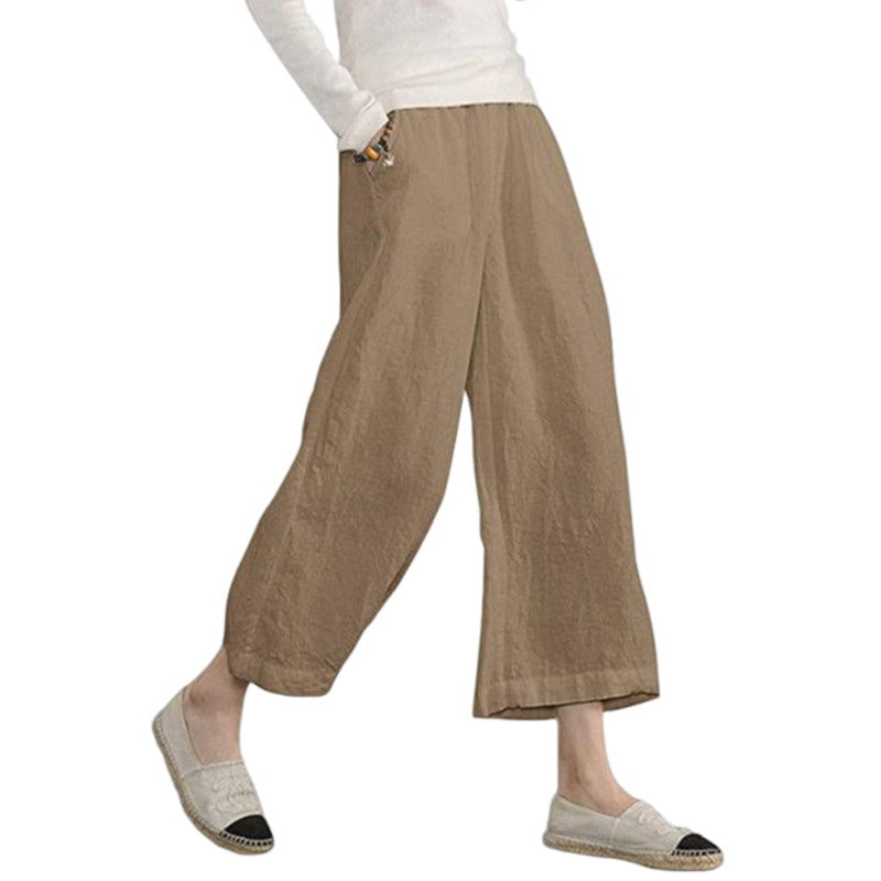 Solid Color Cotton and Linen Loose Wide-leg Cropped Pants