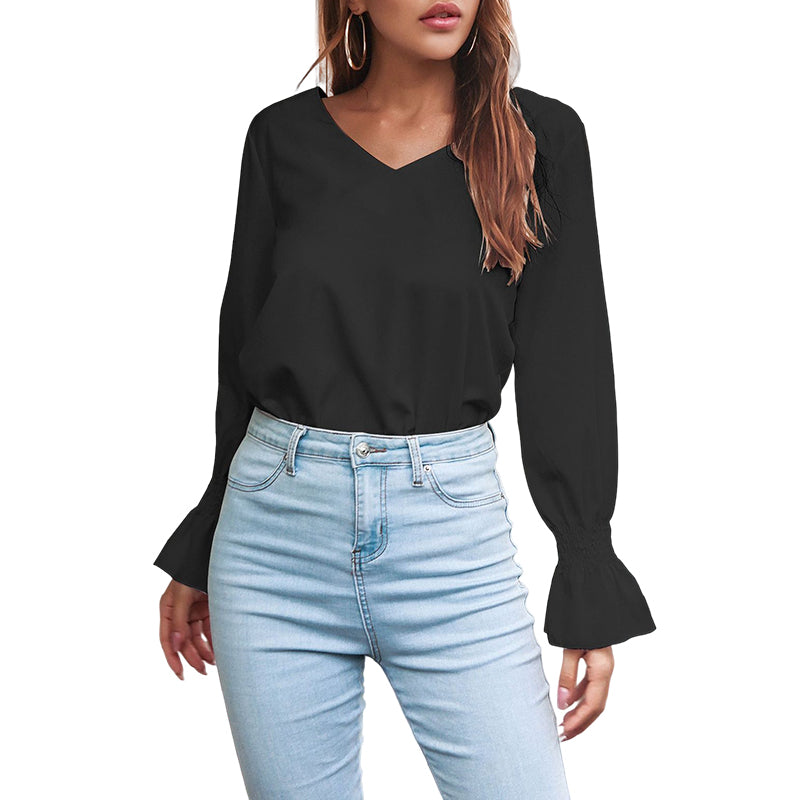 V-neck Open-back Flared-sleeve Shirt