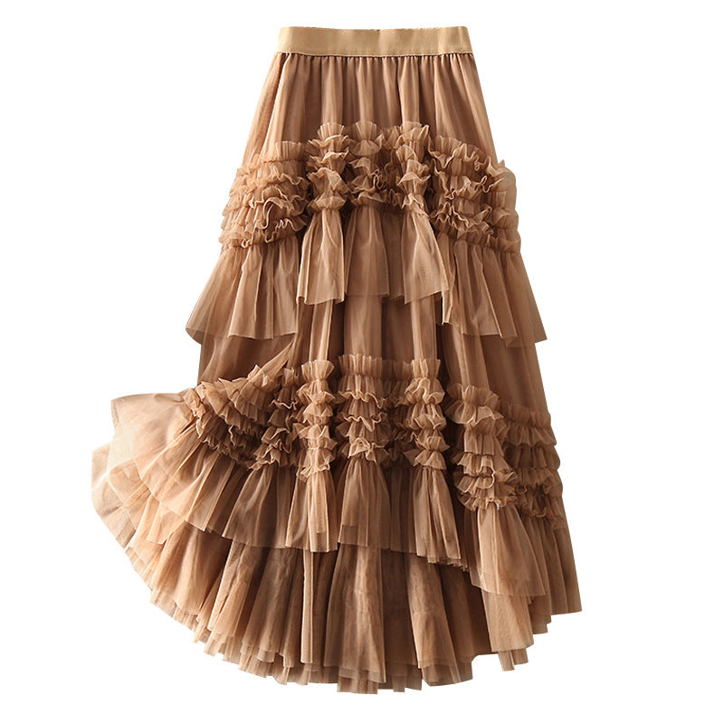 Beautiful Khaki asymmetrical design Tulle Tiered Fall Skirt