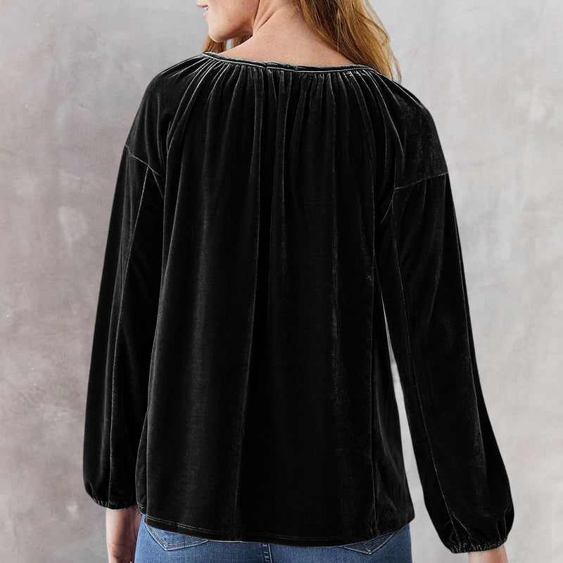 Crewneck Pullover Smocked Balloon Sleeve Velvet Top