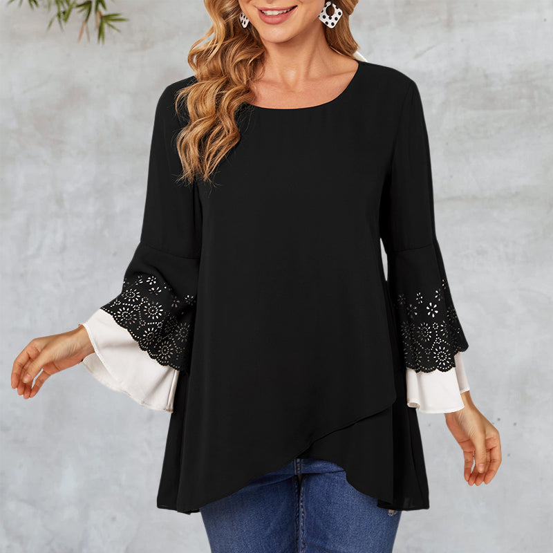 Women's Round Neck Contrast Color Nine-point Sleeve Shirt