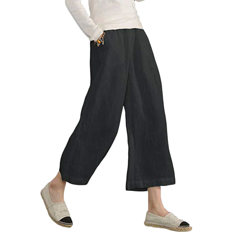 Solid Color Cotton and Linen Loose Wide-leg Cropped Pants