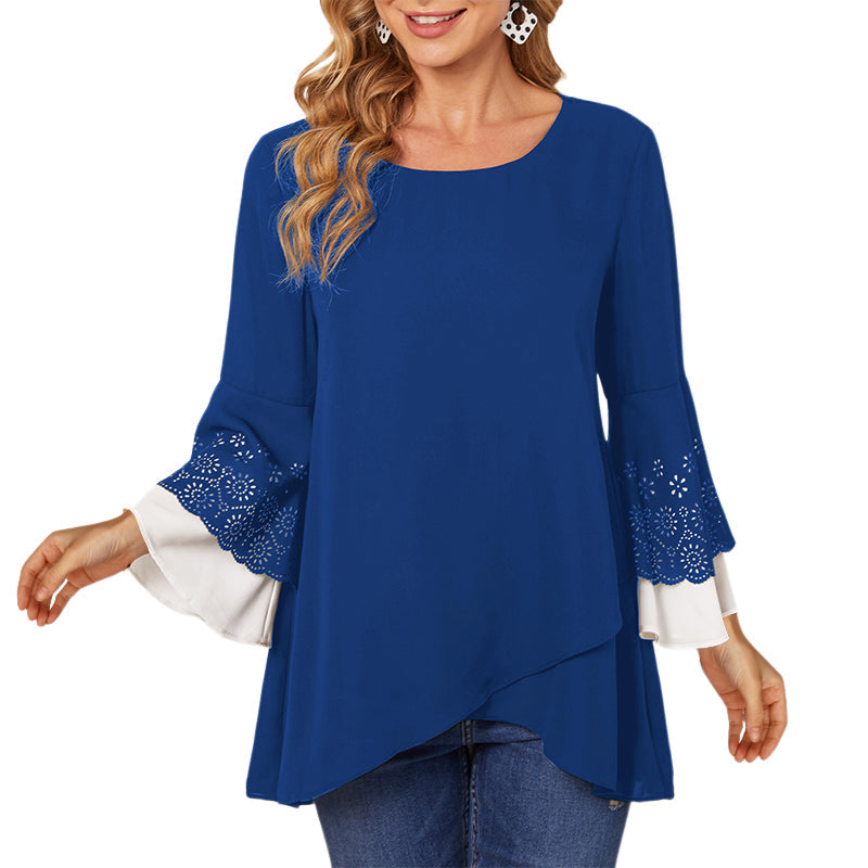 Women's Round Neck Contrast Color Nine-point Sleeve Shirt