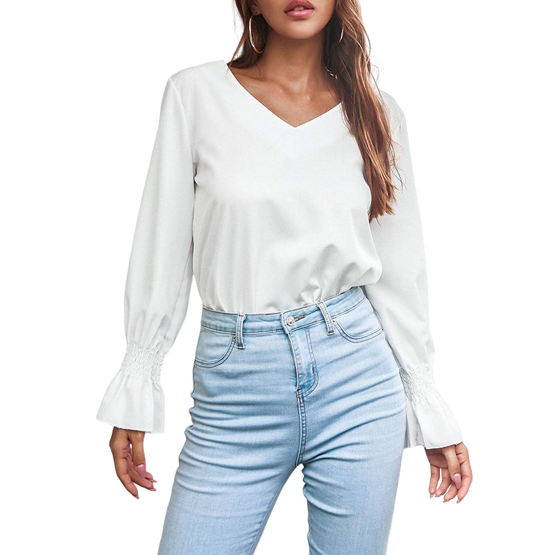 V-neck Open-back Flared-sleeve Shirt