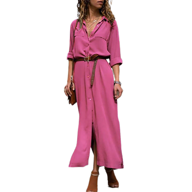 Long Sleeve Solid Color Button Formal Loose Dress