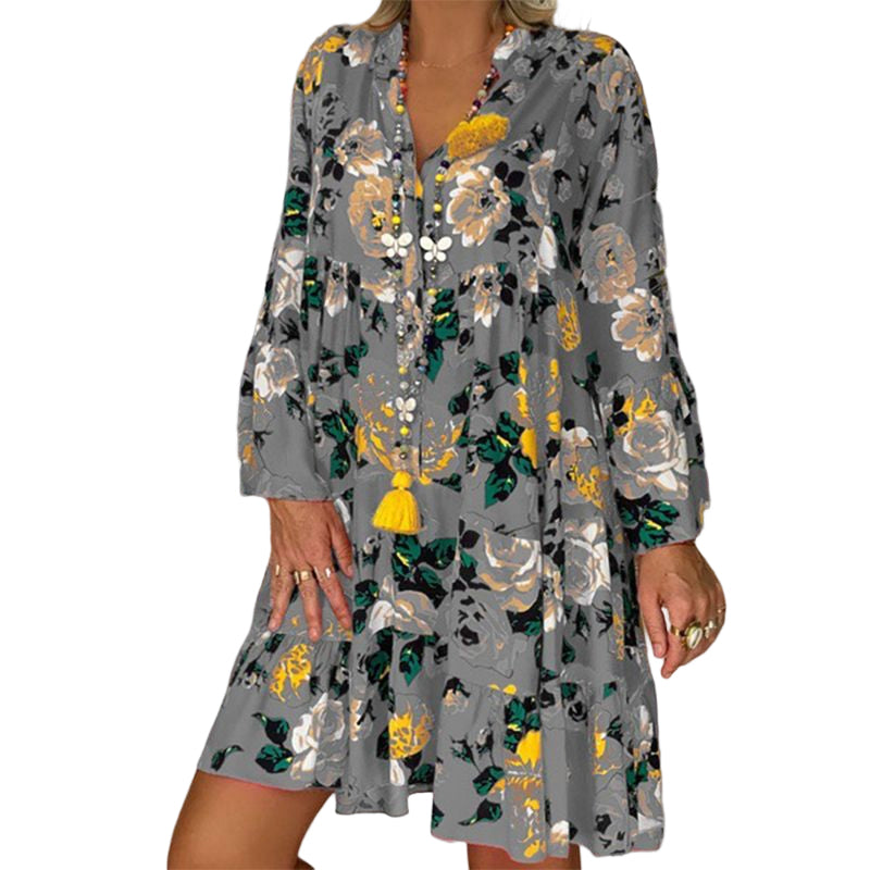 V-Neck Button-Up Ruffle Dress