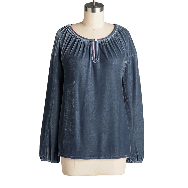 Crewneck Pullover Smocked Balloon Sleeve Velvet Top