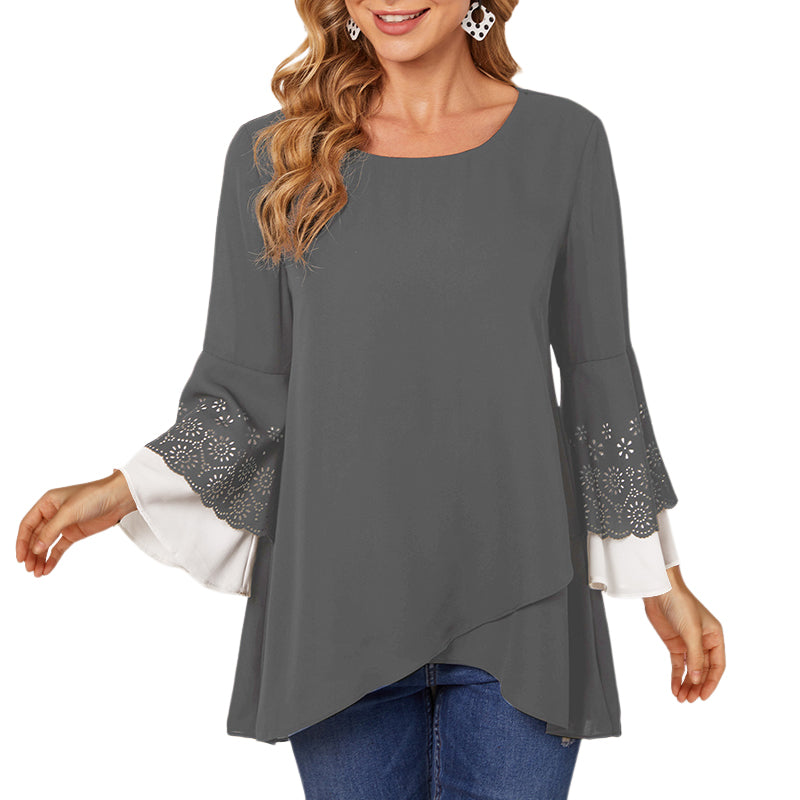 Women's Round Neck Contrast Color Nine-point Sleeve Shirt