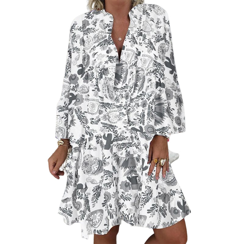 V-Neck Button-Up Ruffle Dress