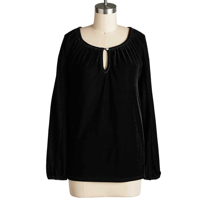 Crewneck Pullover Smocked Balloon Sleeve Velvet Top