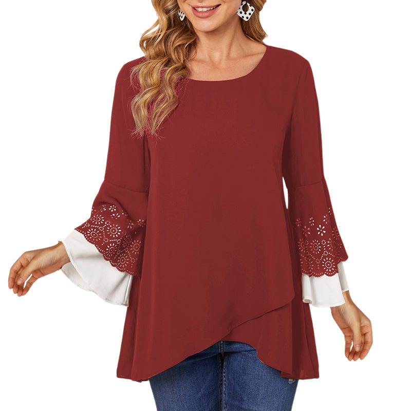 Women's Round Neck Contrast Color Nine-point Sleeve Shirt