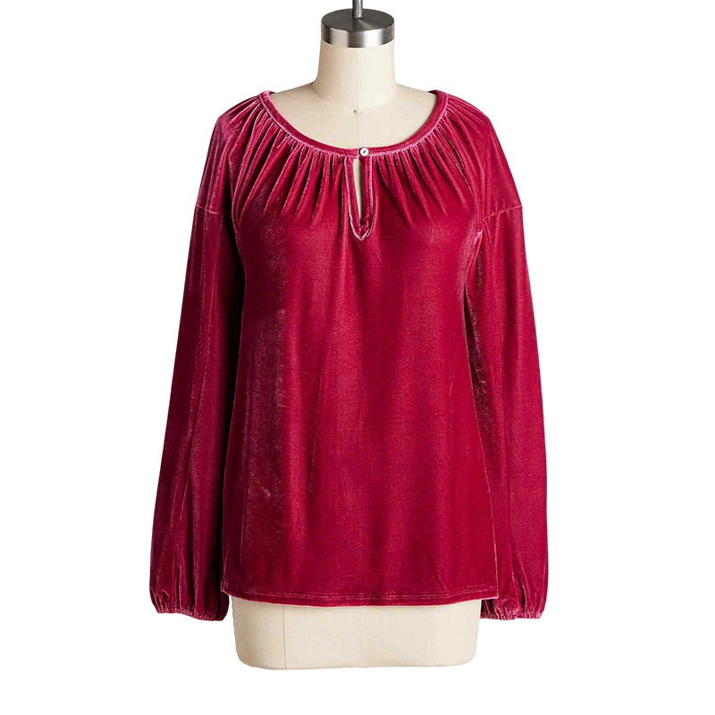 Crewneck Pullover Smocked Balloon Sleeve Velvet Top