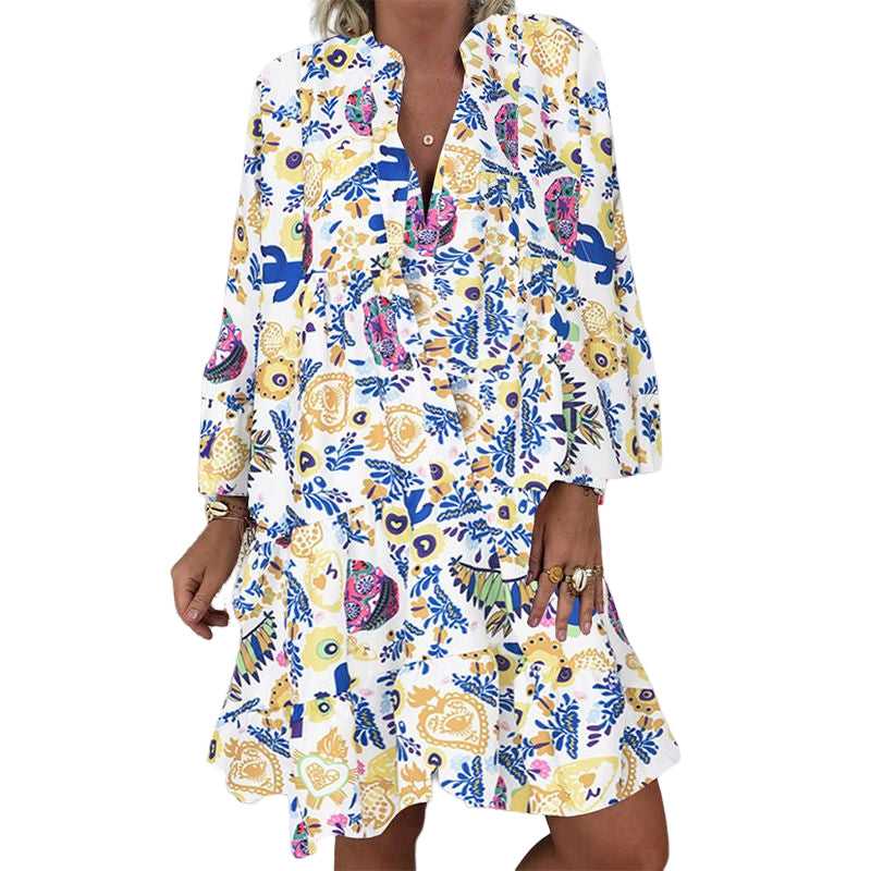 V-Neck Button-Up Ruffle Dress