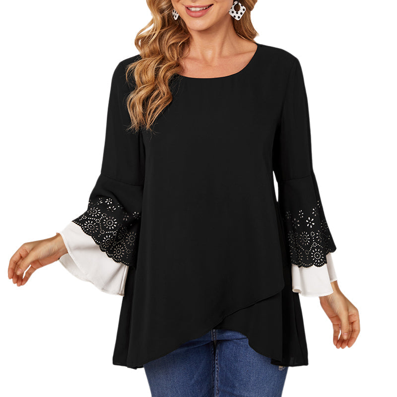 Women's Round Neck Contrast Color Nine-point Sleeve Shirt