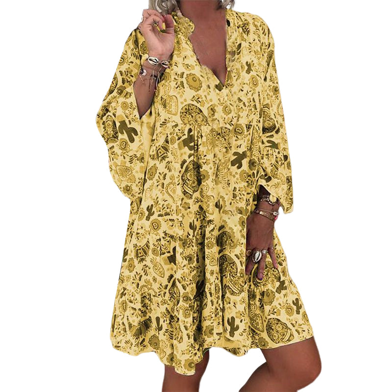 V-Neck Button-Up Ruffle Dress