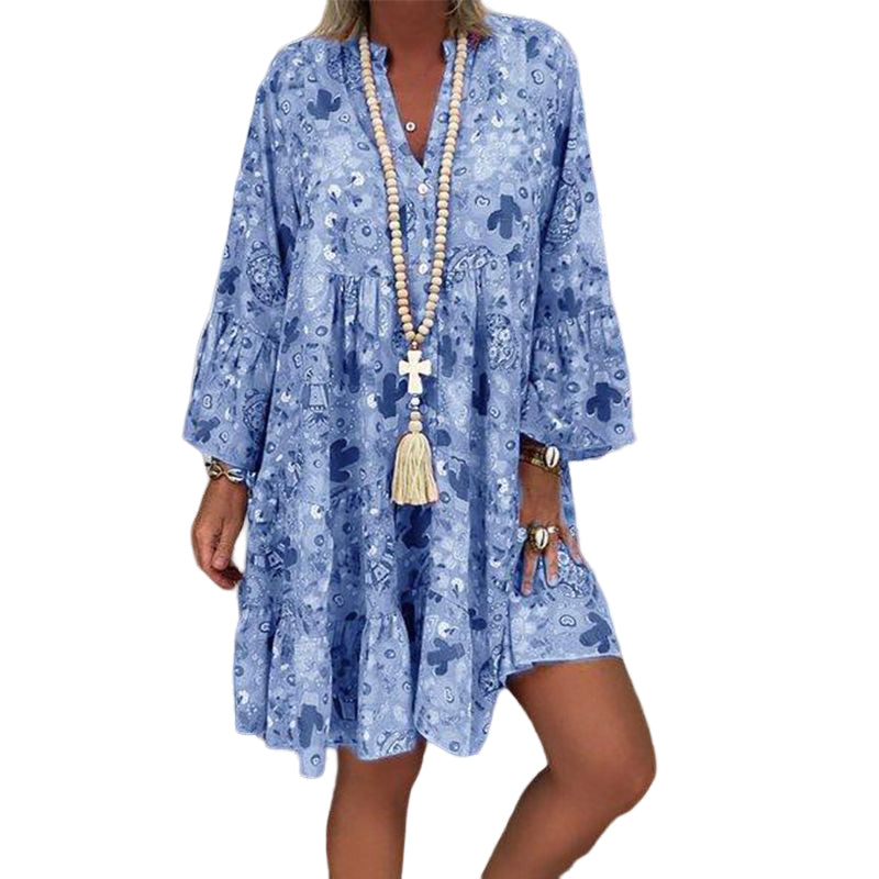 V-Neck Button-Up Ruffle Dress