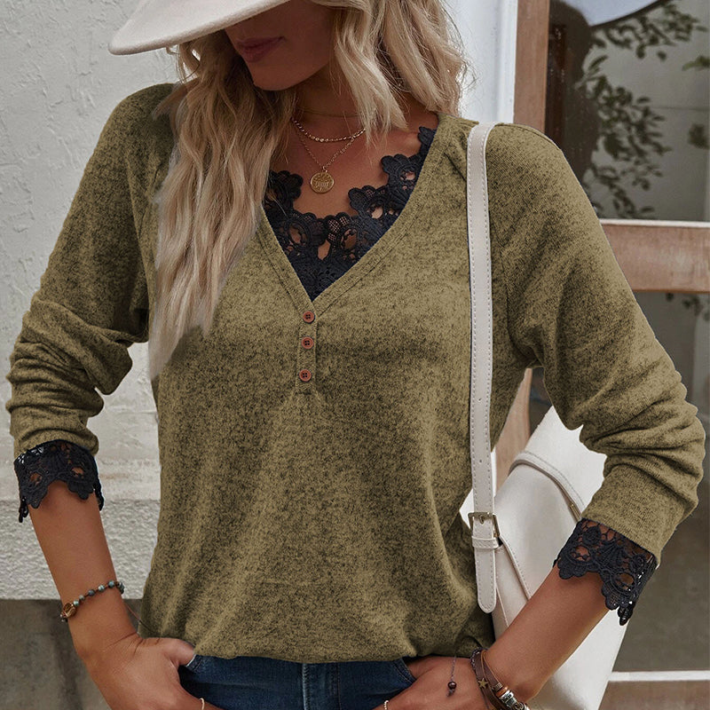 V Neck Lace Knit T-Shirt