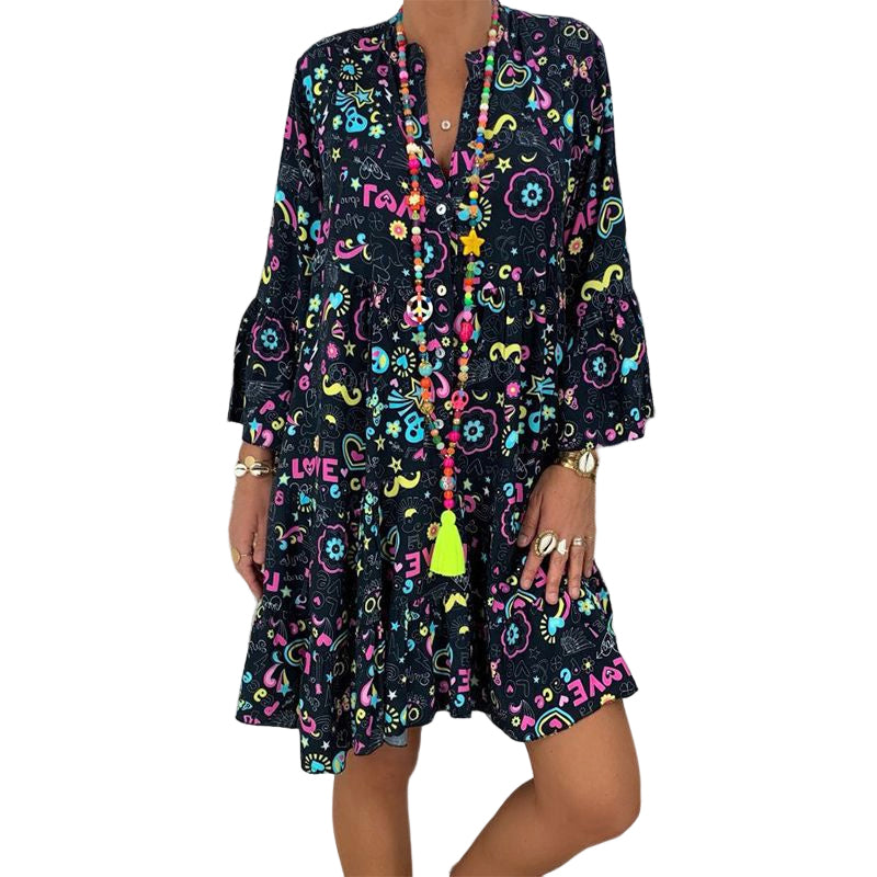 V-Neck Button-Up Ruffle Dress