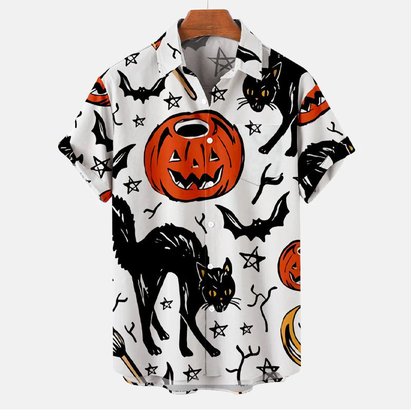 Men's Casual Halloween Cat Pentagram Print Shirt