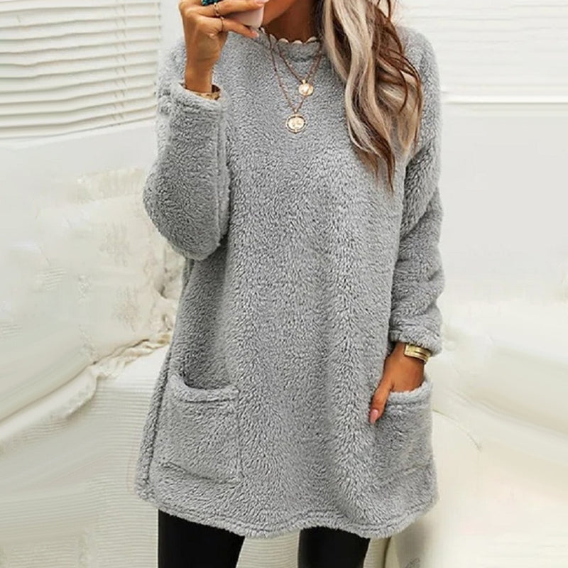 Pocket Crew Neck Casual Warm Long Sleeve T-Shirt Dress