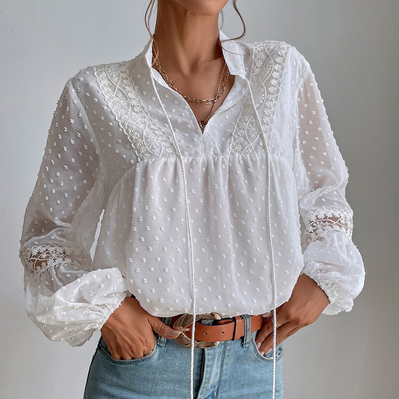 Polka Dot Chiffon Lace Panel Loose Blouse