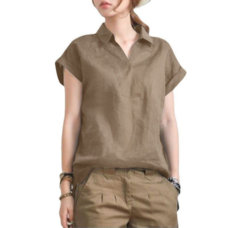 Elegant Loose V-neck Cotton Linen Short Sleeve Shirt