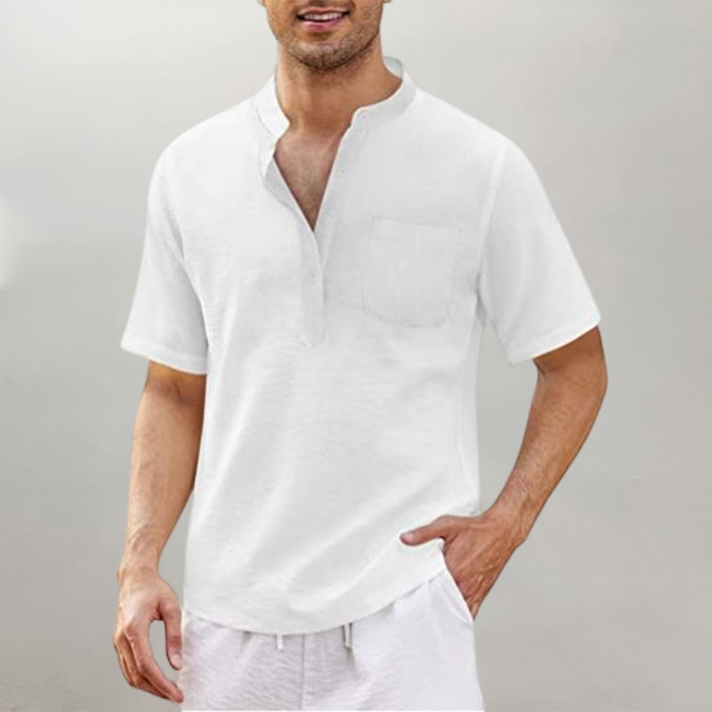 Men's Linen Cotton Shirt Black Stand Collar T-Shirt