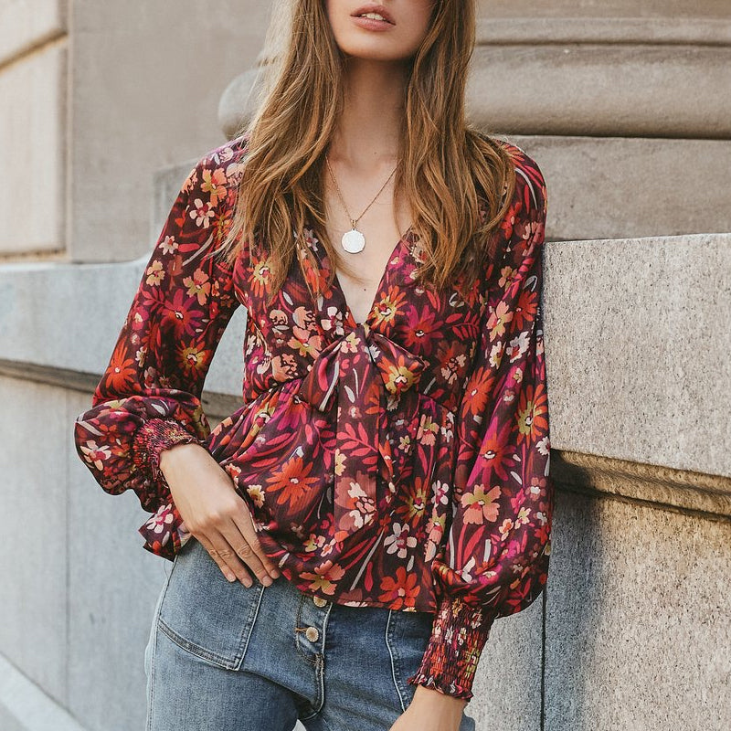 Printed Bow Tie High Waist Long Sleeve Top