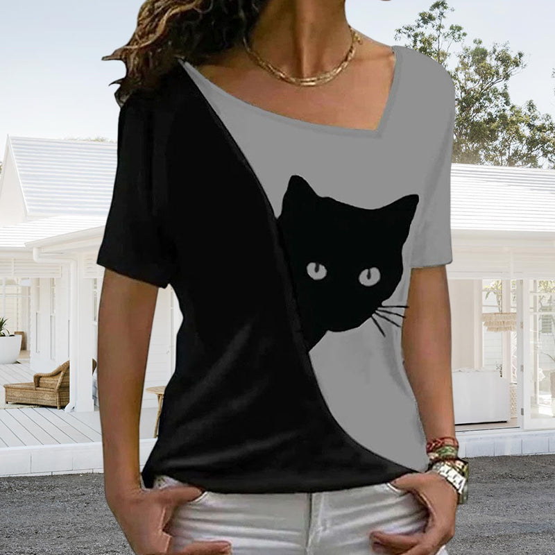 Diagonal Neck Black Cat T-Shirt