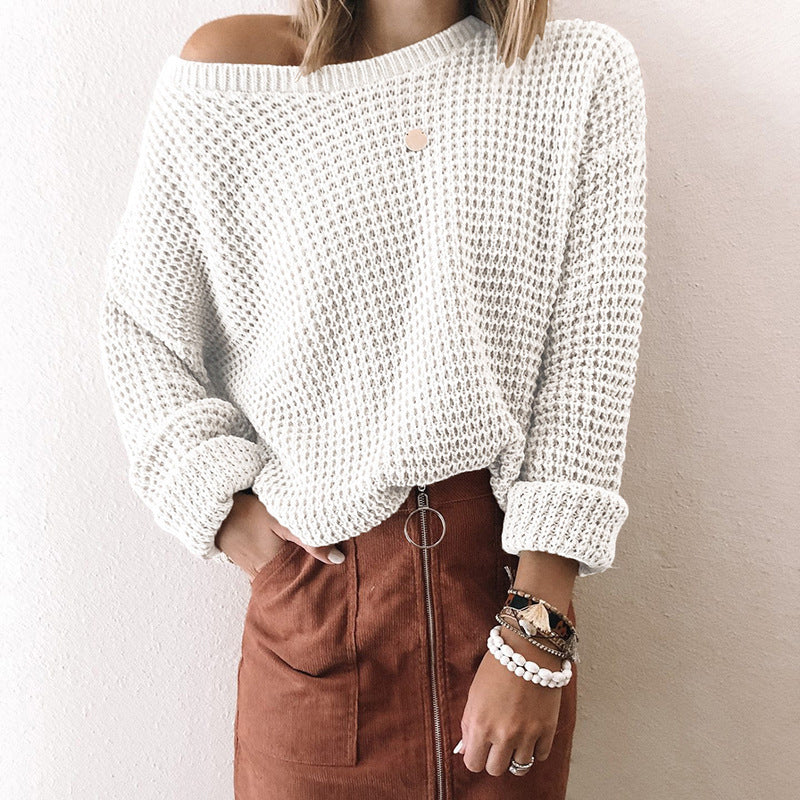 Ladies Solid Color Loose Diagonal Collar Long Sleeve Sweater