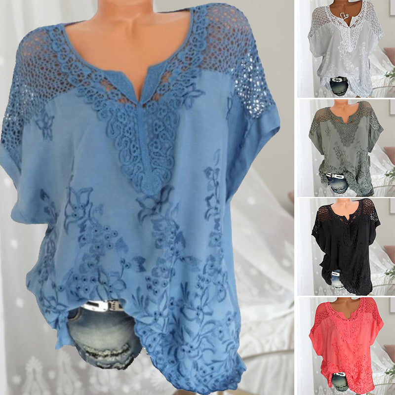 Embroidered Batwing Short Sleeve Shirt