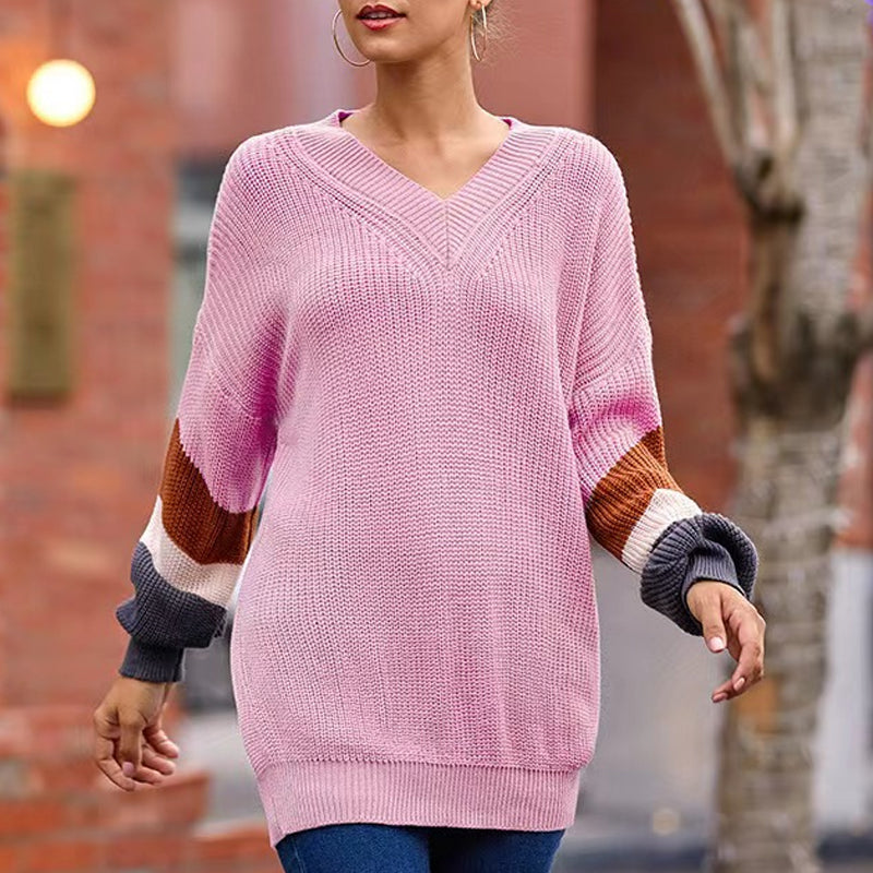 V-Neck Balloon Sleeve Striped Colorblock Knit Sweater